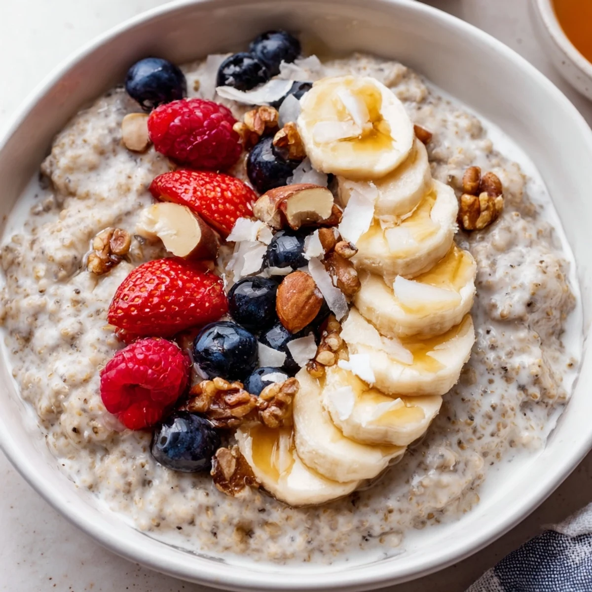 Vanilla Cardamom Buckwheat Groats Breakfast Bowl drizzled with maple, topped with fresh banana slices
