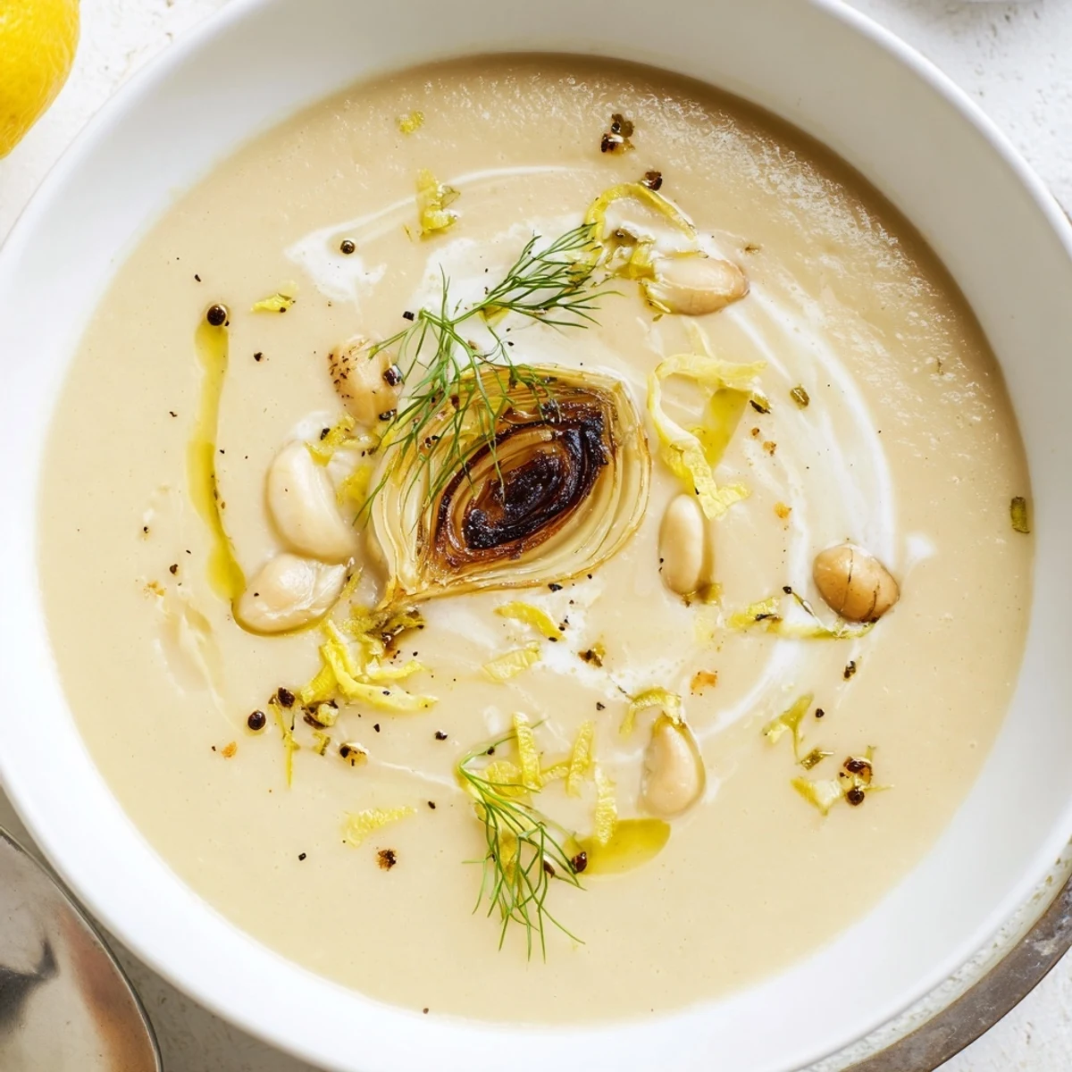 Creamy Roasted Fennel and White Bean Hearty Soup silky, lemony, served with crusty bread.