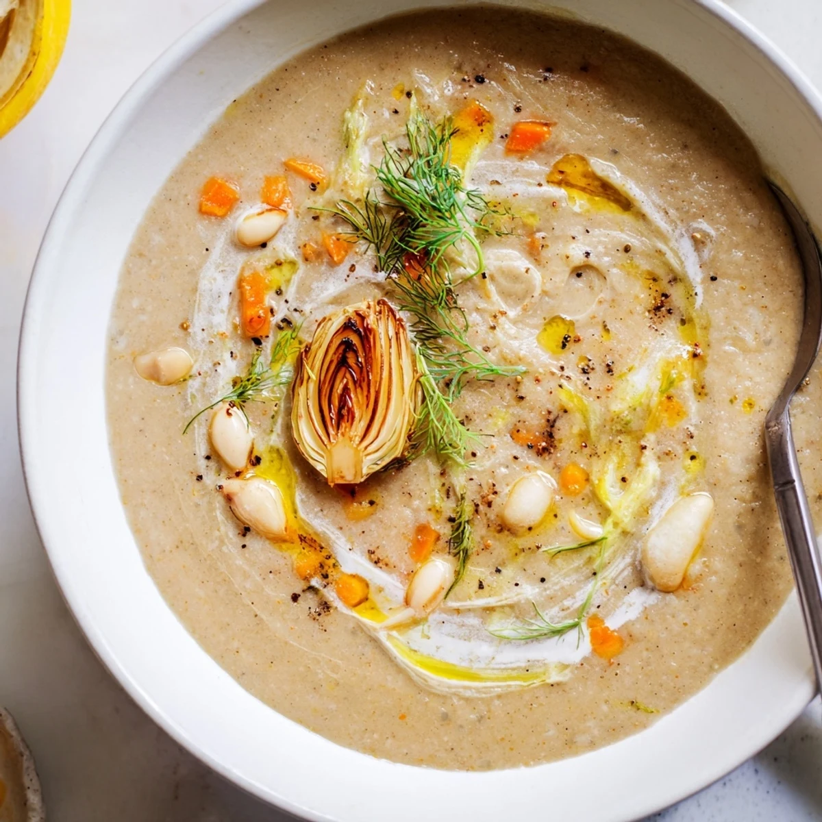 Steam rising from Creamy Roasted Fennel and White Bean Hearty Soup, fennel fronds.