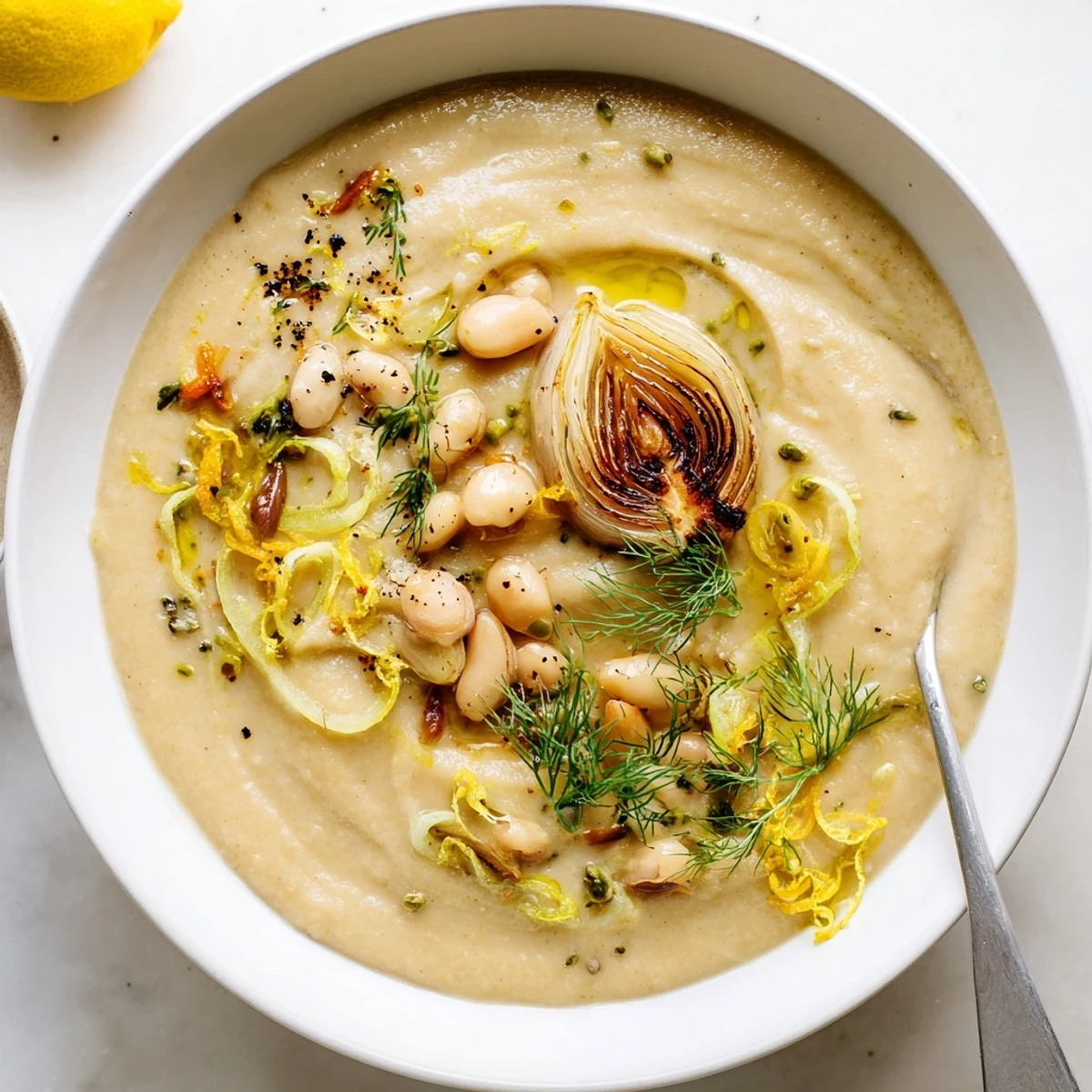 Creamy Roasted Fennel and White Bean Hearty Soup with roasted aroma, olive oil drizzle.