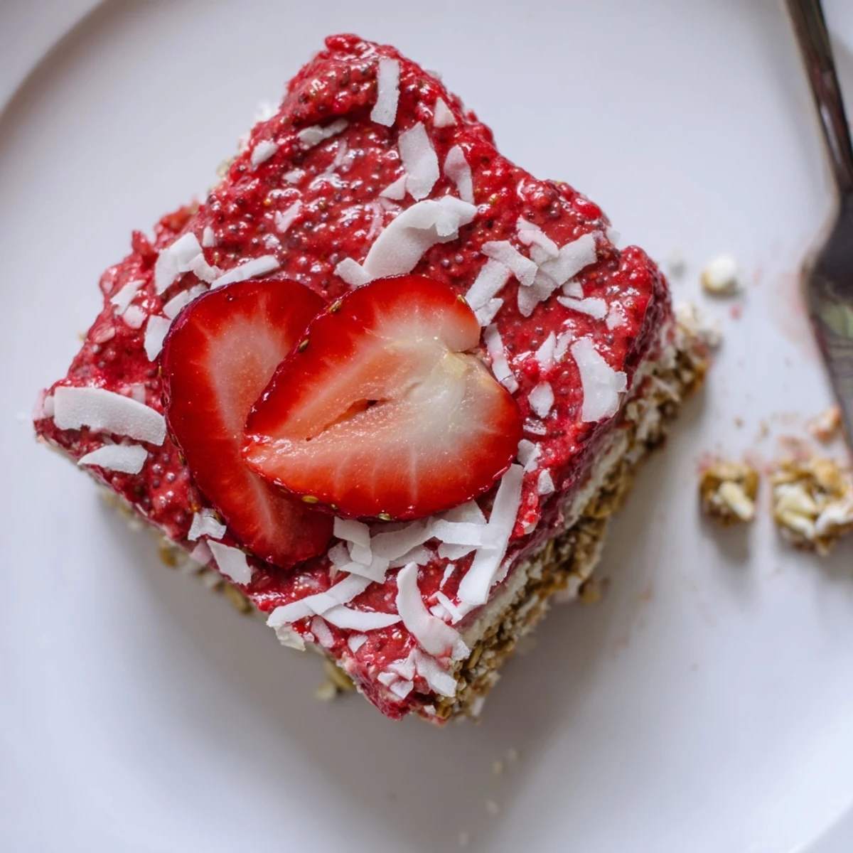 Strawberry Almond Cashew Cream Bars on parchment, glossy strawberry layer and nutty base  