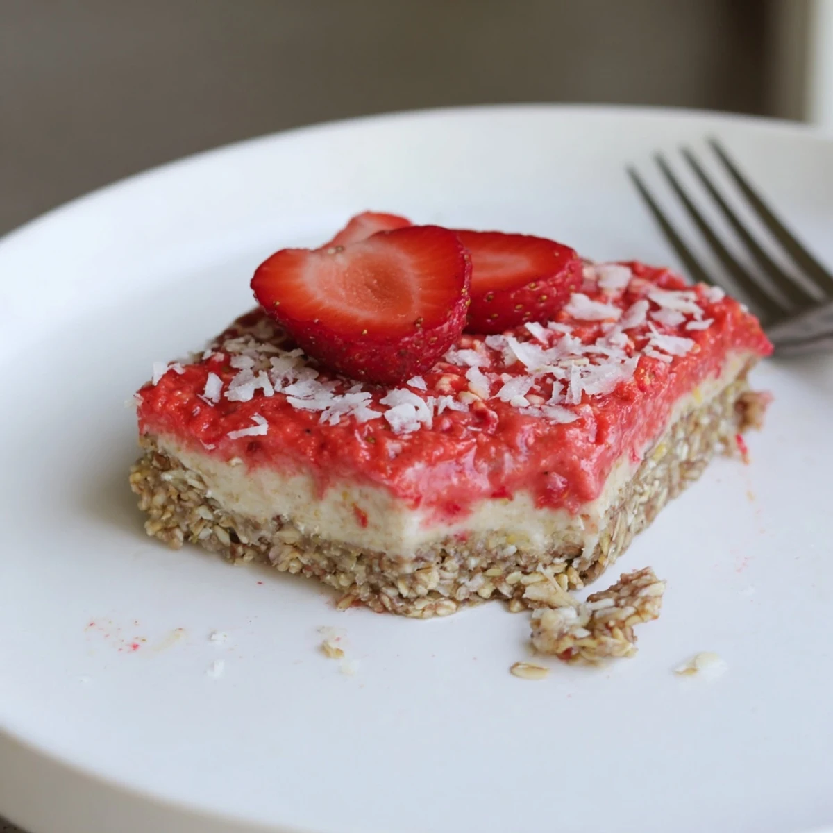 Vegan Strawberry Almond Cashew Cream Bars served with mint, crunchy almond base visible