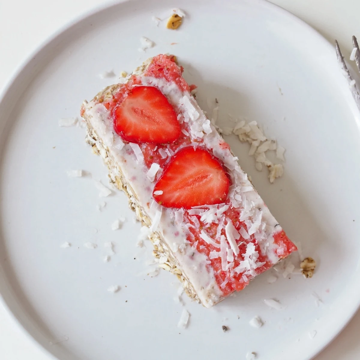 Chilled Strawberry Almond Cashew Cream Bars sliced, creamy cashew layer and vibrant topping  