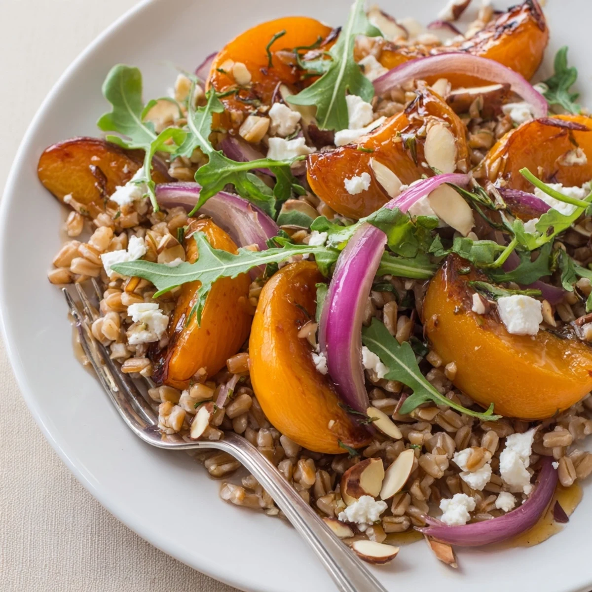 Roasted Apricot Rosemary Farro Grain Salad with caramelized apricots and toasted almonds