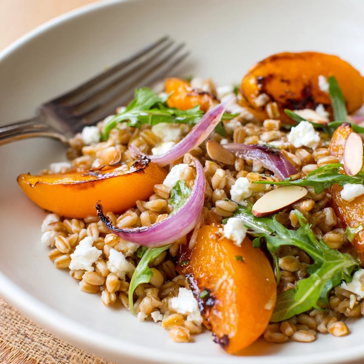 Bright Roasted Apricot Rosemary Farro Grain Salad topped with crumbled feta and arugula