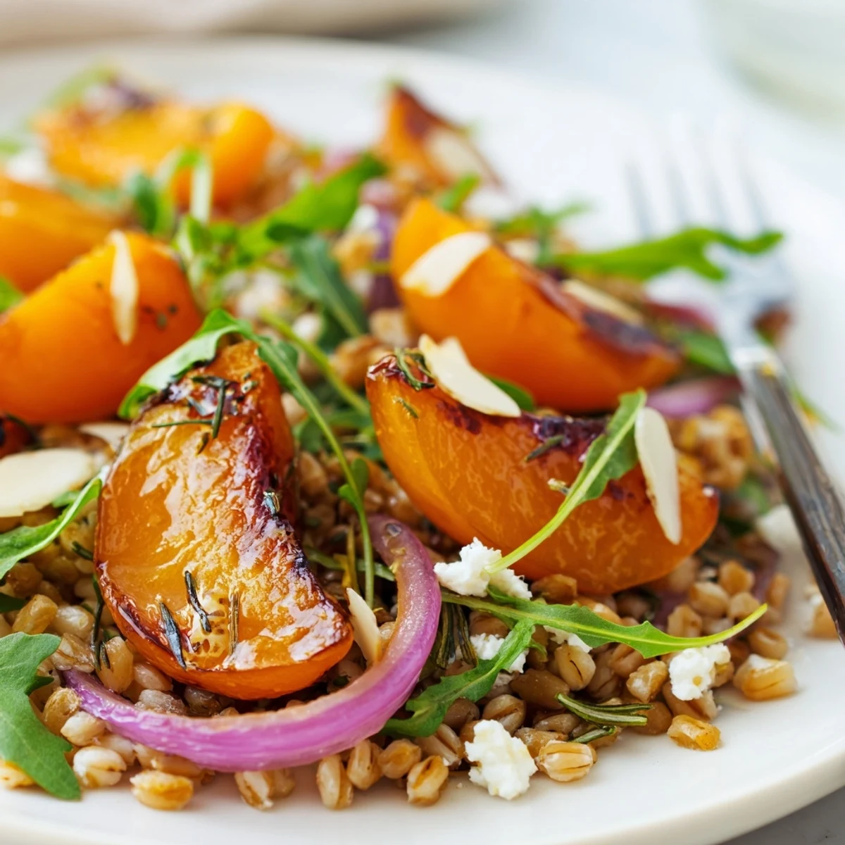 Warm farro and honey-roasted apricots in Roasted Apricot Rosemary Farro Grain Salad