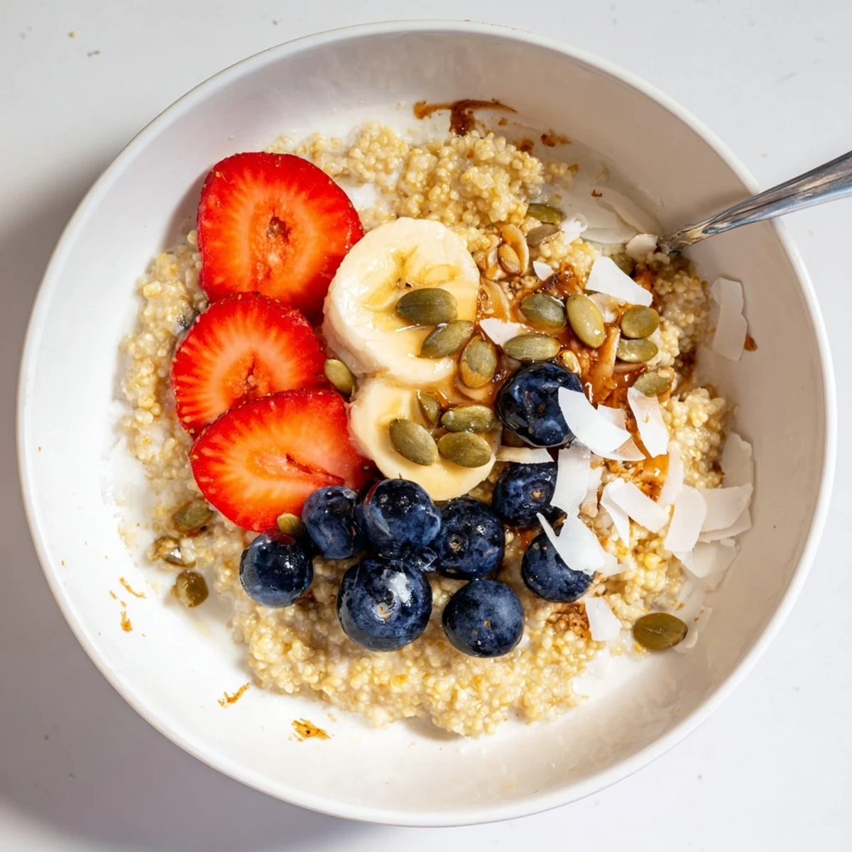 Creamy Vanilla Maple Millet Porridge Breakfast Bowl topped with berries and toasted nuts