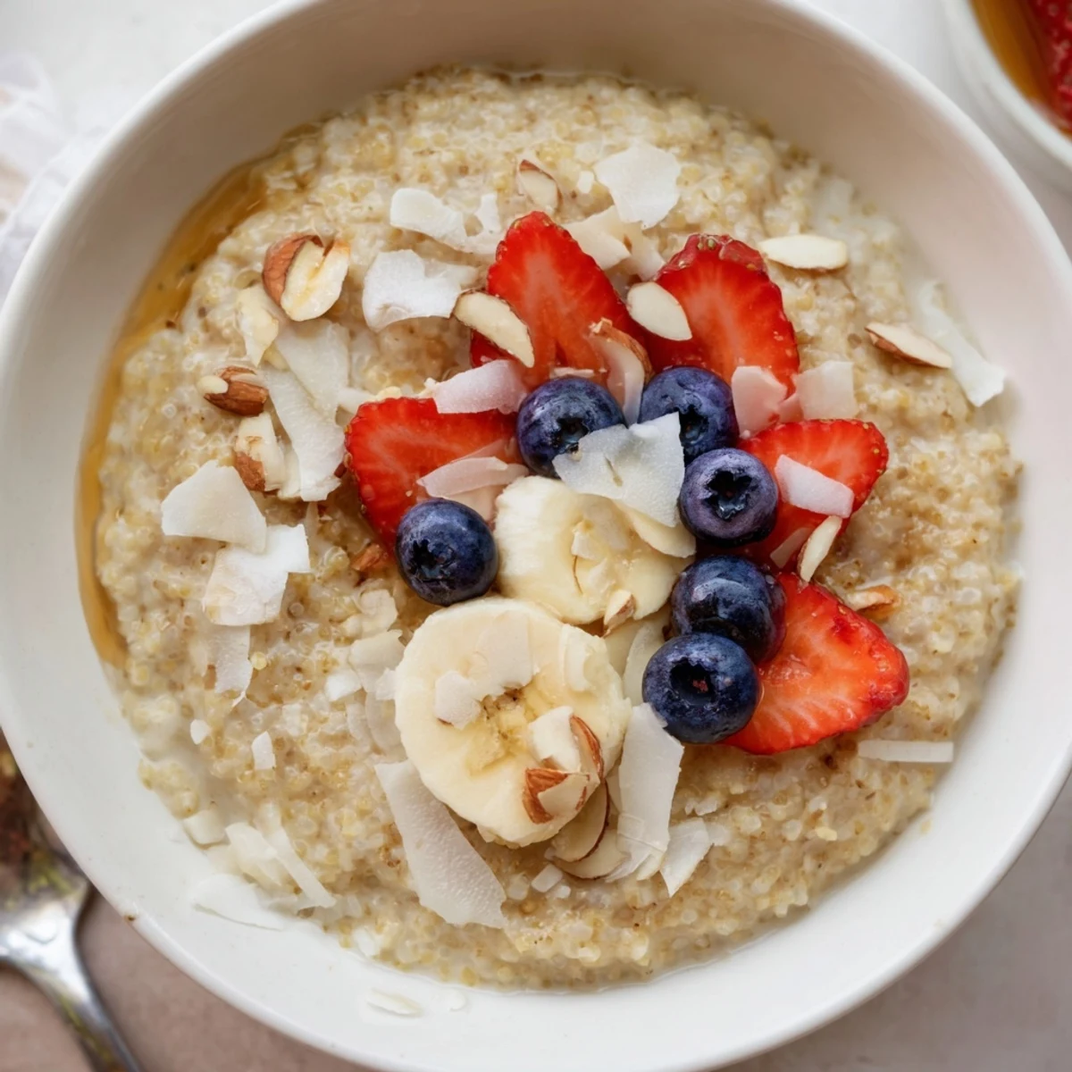 Warm Vanilla Maple Millet Porridge Breakfast Bowl drizzled with extra maple syrup