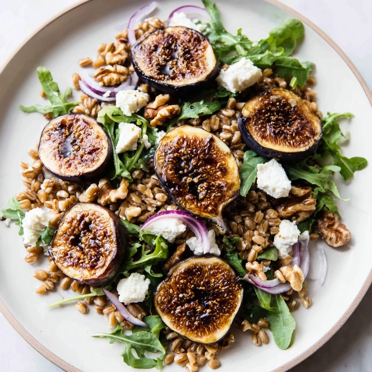 Caramelized figs and tangy balsamic drizzle over Roasted Fig Balsamic Farro Grain Salad