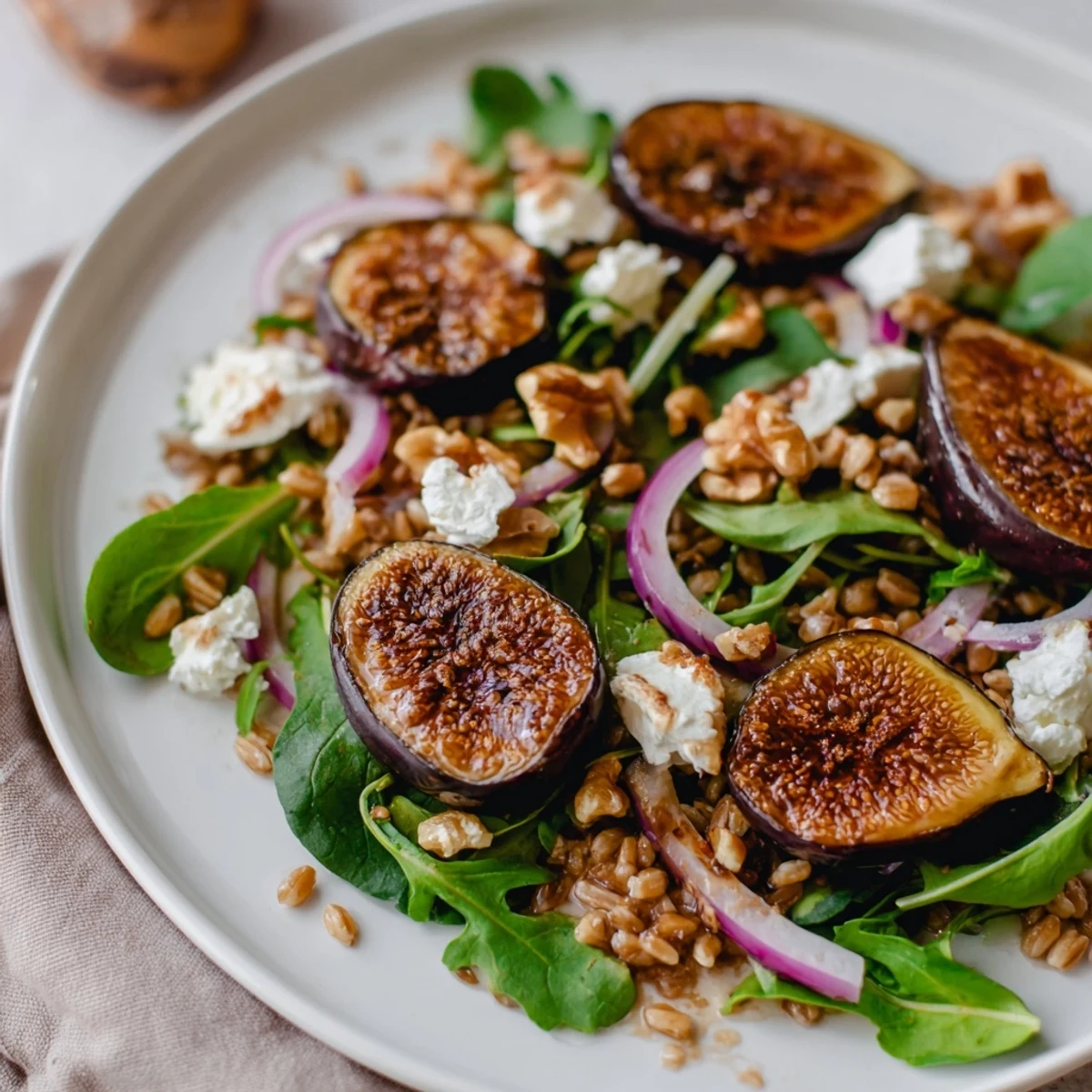 Warm Roasted Fig Balsamic Farro Grain Salad tossed with arugula and toasted walnuts