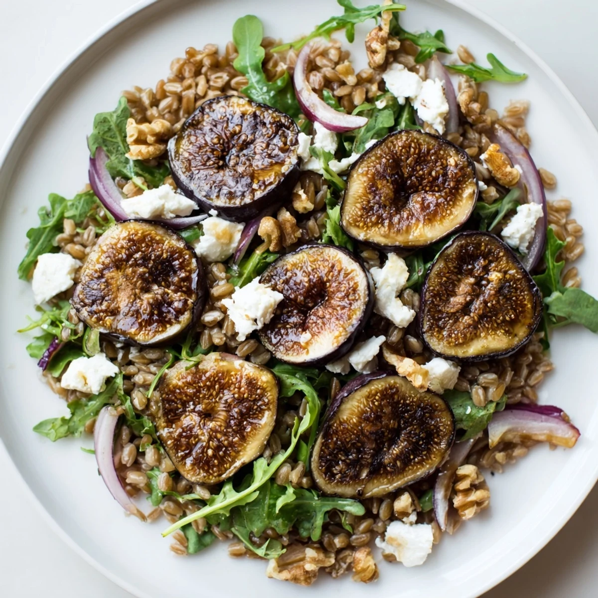 Roasted Fig Balsamic Farro Grain Salad plated with creamy goat cheese, lemon-zested greens