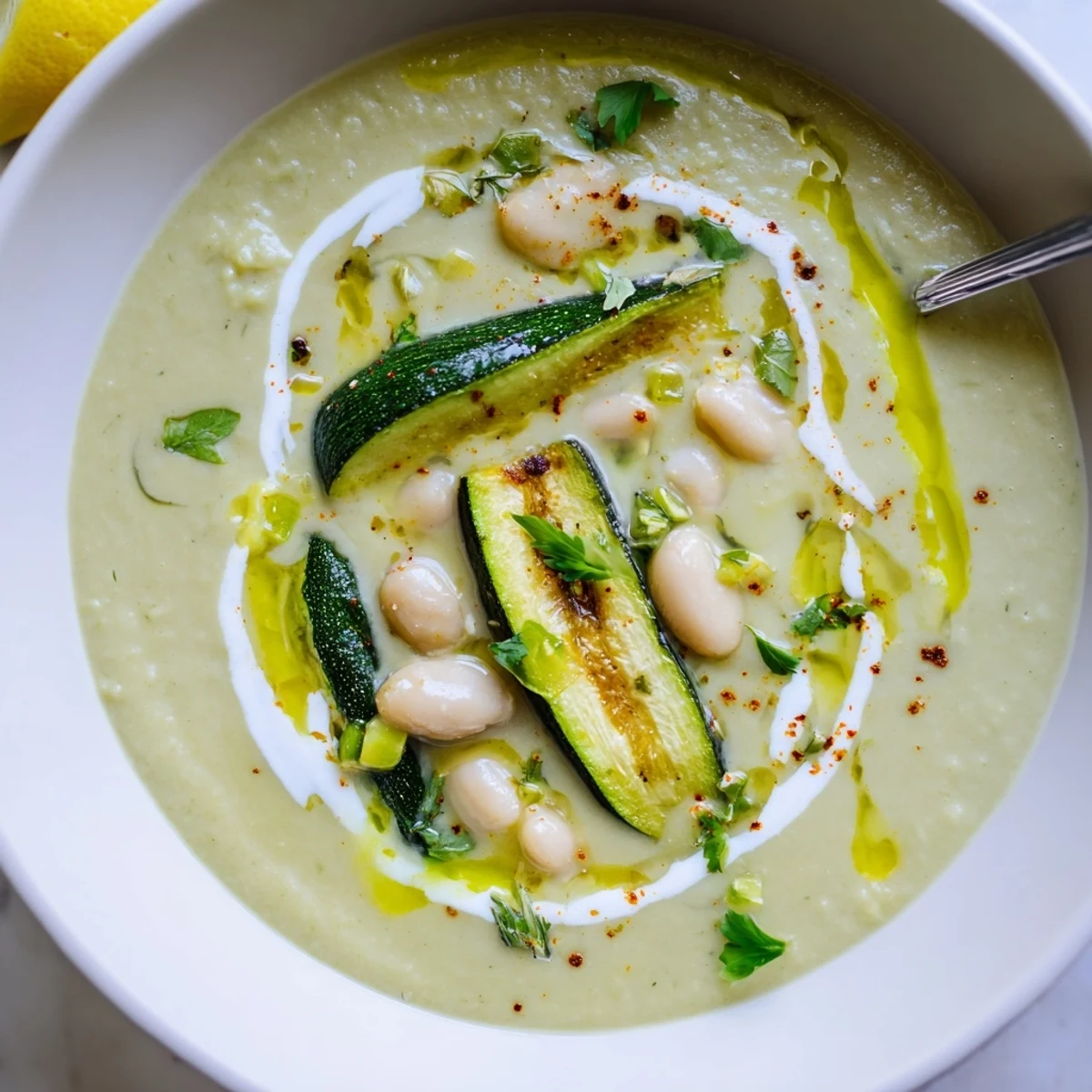 Warm bowl of Creamy Roasted Zucchini and White Bean Hearty Soup, crusty bread