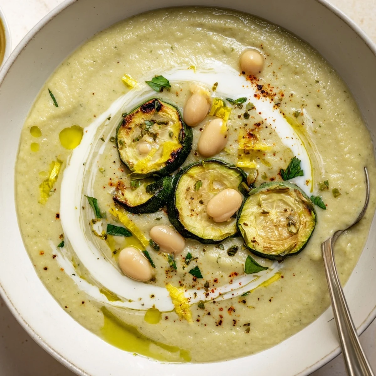 Creamy Roasted Zucchini and White Bean Hearty Soup topped with chopped parsley