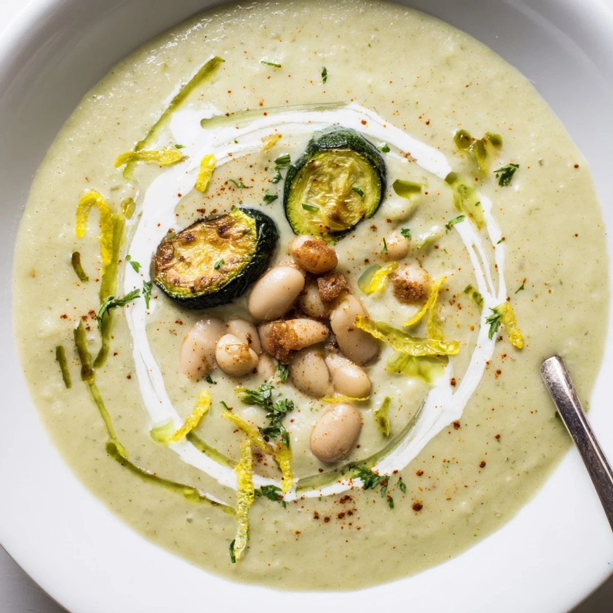 Velvety, lemon-bright Creamy Roasted Zucchini and White Bean Hearty Soup steaming