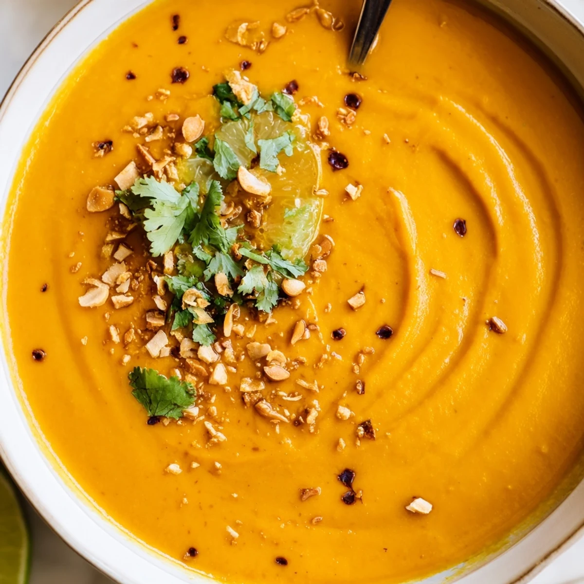 Bowl of Spiced Coconut Carrot Red Lentil Hearty Soup, creamy and fragrant