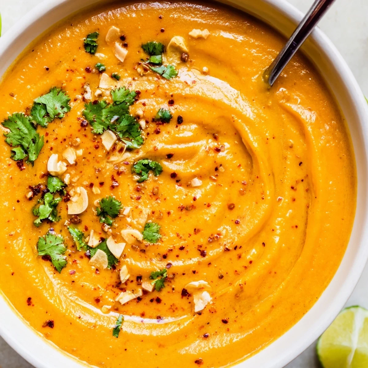 Spiced Coconut Carrot Red Lentil Hearty Soup topped with cilantro, toasted coconut