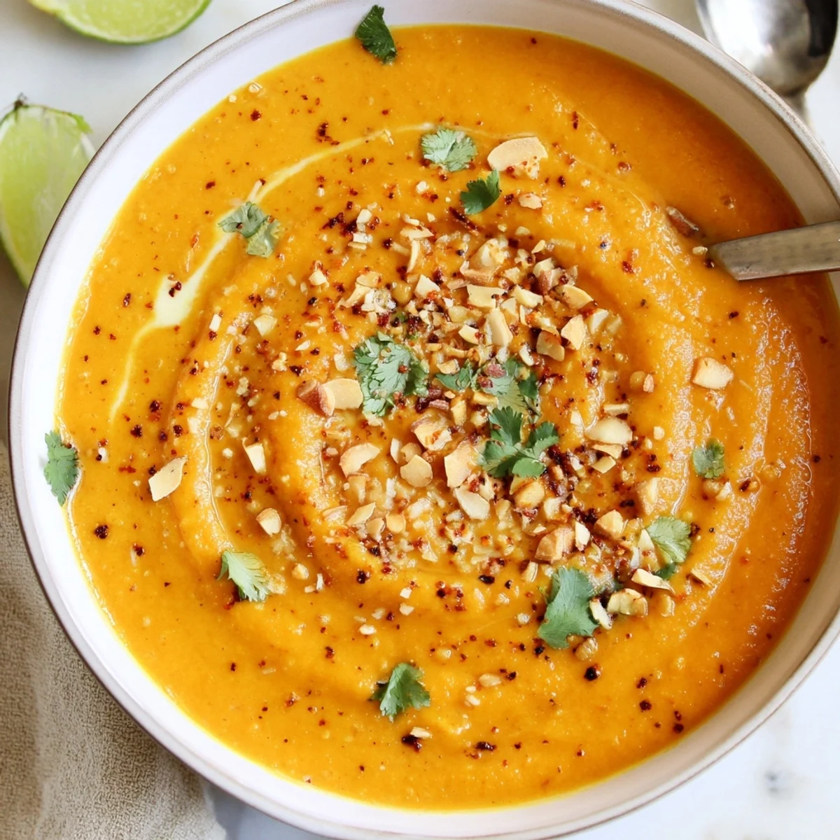 Warm Spiced Coconut Carrot Red Lentil Hearty Soup in bowl with crusty bread