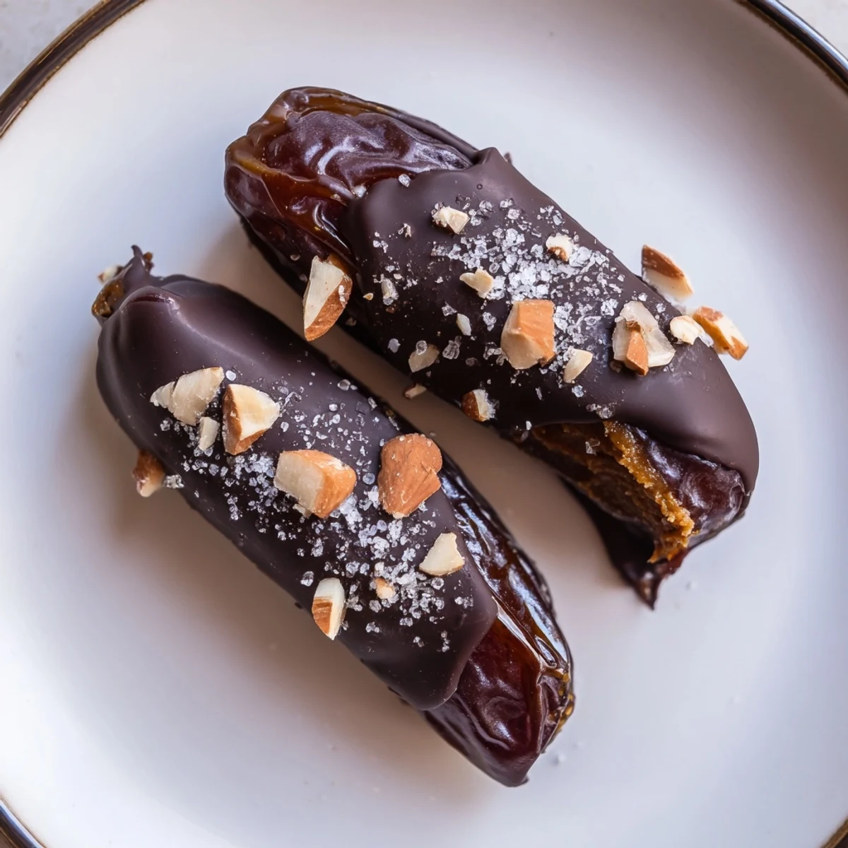 Dark Chocolate Almond Butter Stuffed Dates chilled on parchment, sprinkled with flaky sea salt