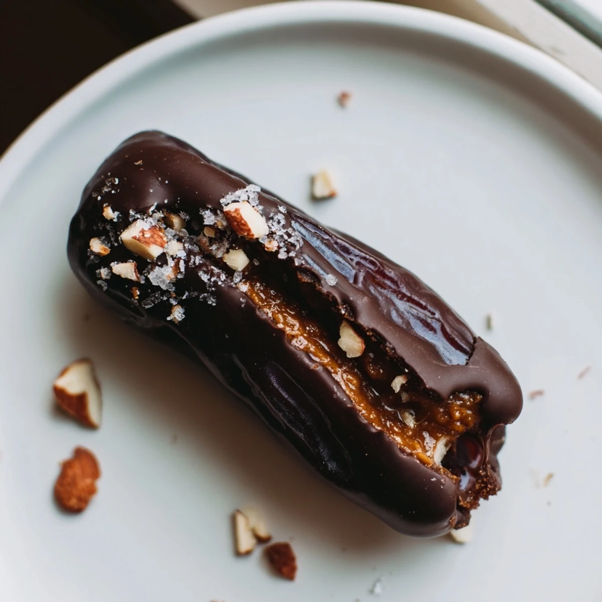Bite-sized Dark Chocolate Almond Butter Stuffed Dates oozing creamy filling, ideal snack