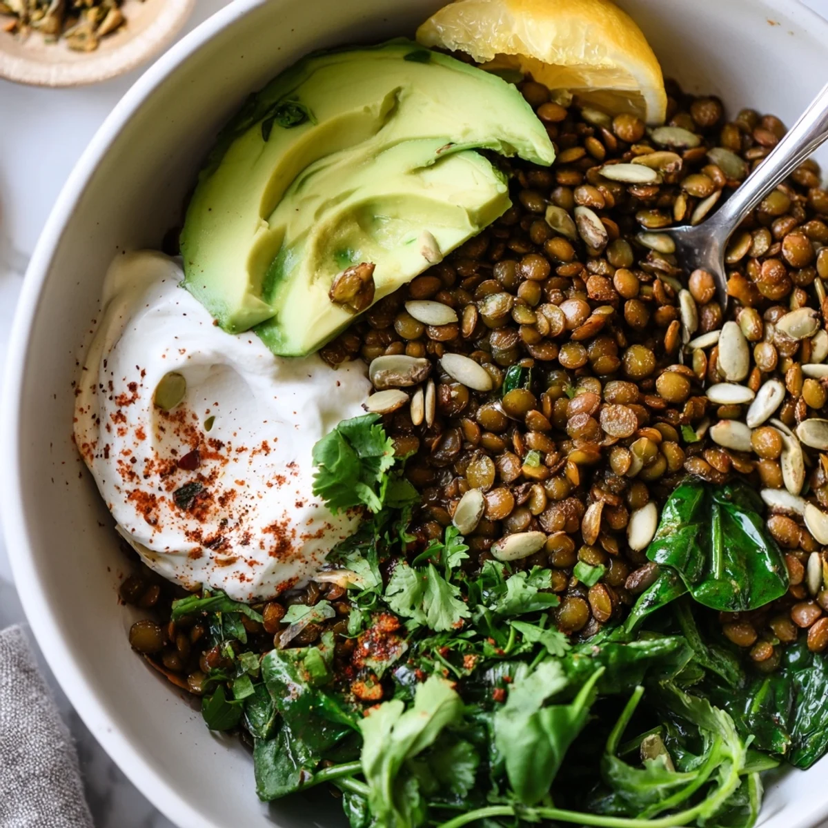 Steaming turmeric-scented lentils with avocado — Savory Garlic Turmeric Lentil Breakfast Bowl