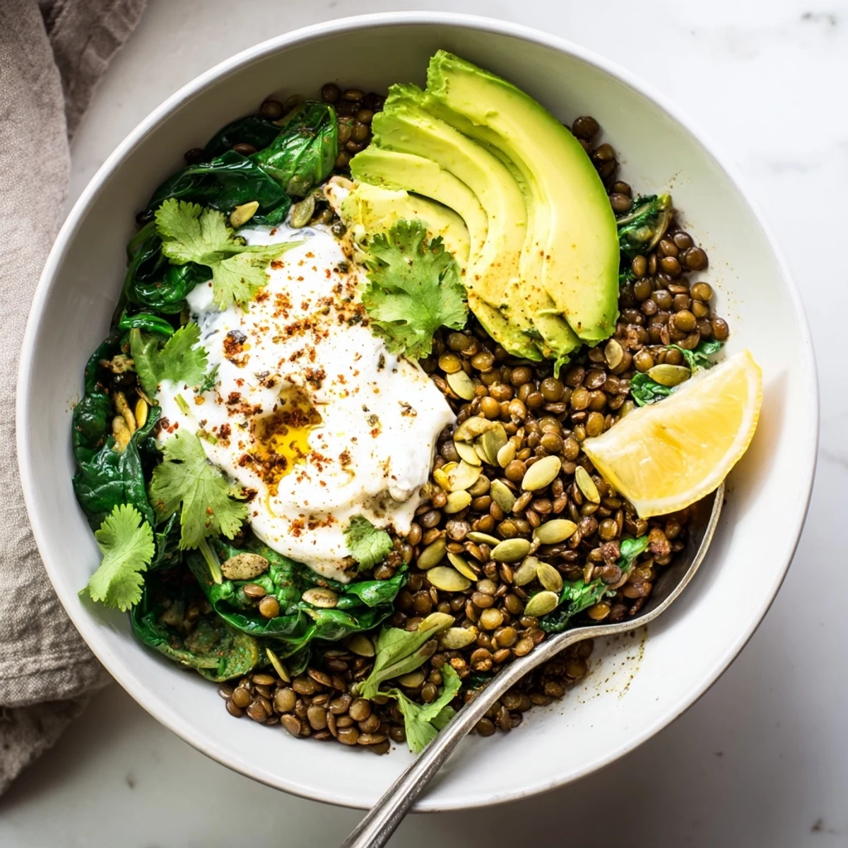 Skillet-sizzled Savory Garlic Turmeric Lentil Breakfast Bowl topped with lemon and herbs