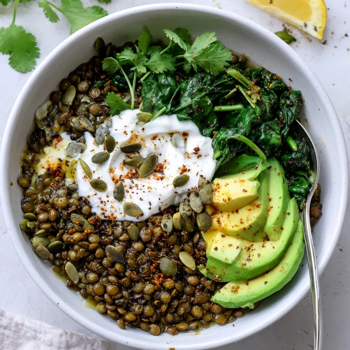 Savory Garlic Turmeric Lentil Breakfast Bowl served warm with creamy yogurt and seeds