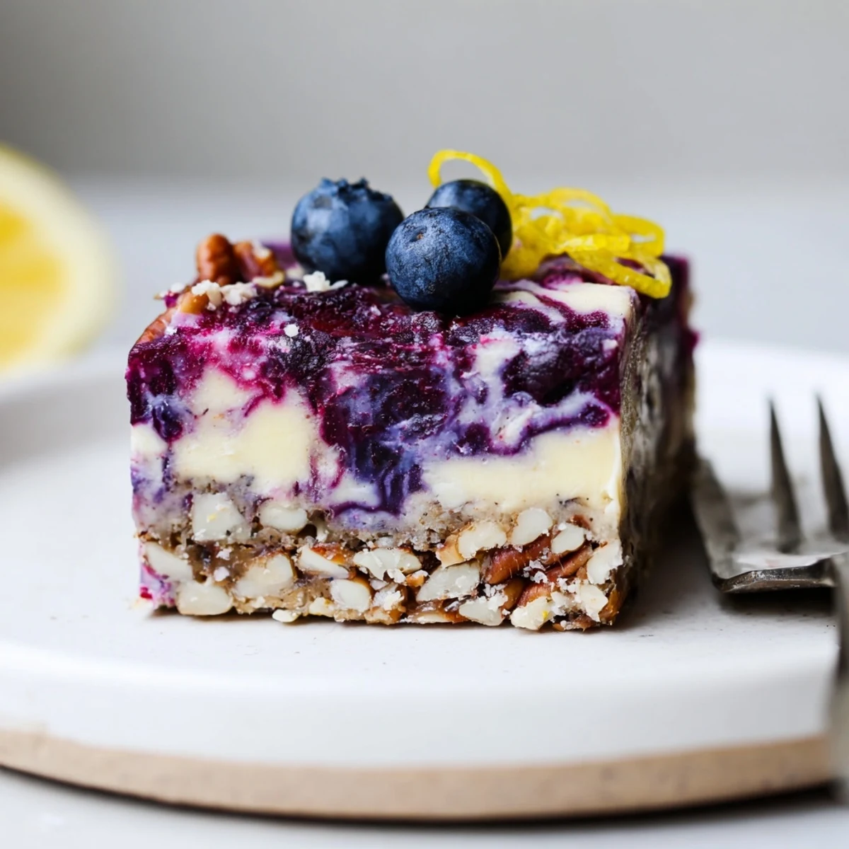 Blueberry Lemon Cashew Cream Bars topped with fresh blueberries and zesty lemon zest