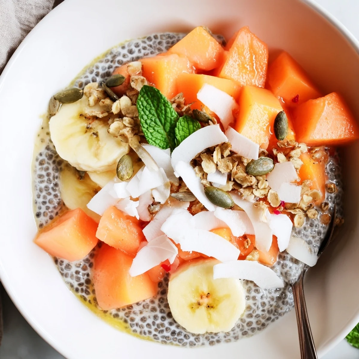 Vibrant Papaya Coconut Ginger Chia Breakfast Bowl showcasing diced papaya, mint, shredded coconut
