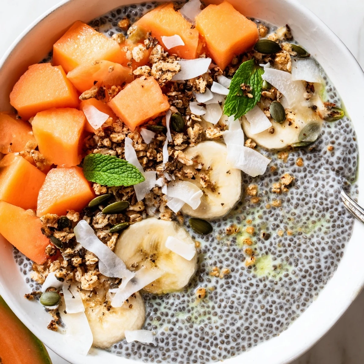 Chilled Papaya Coconut Ginger Chia Breakfast Bowl, gingery aroma with coconut flakes and granola crunch