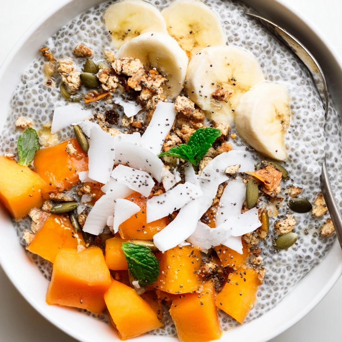 Papaya Coconut Ginger Chia Breakfast Bowl garnished with sliced banana and pumpkin seeds