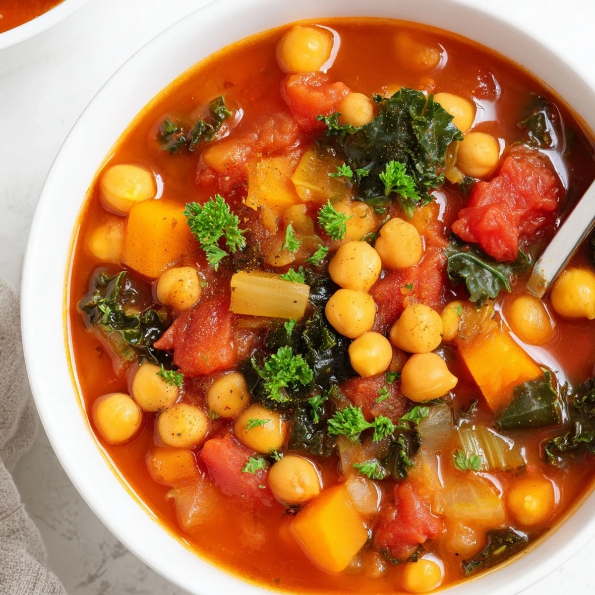 Smoky Chickpea and Tomato Hearty Soup steaming in a rustic bowl, aromatic and warm  