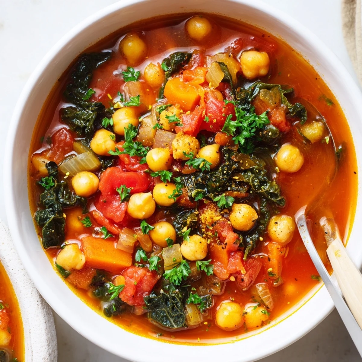Smoky Chickpea and Tomato Hearty Soup showing tender chickpeas and juicy tomatoes