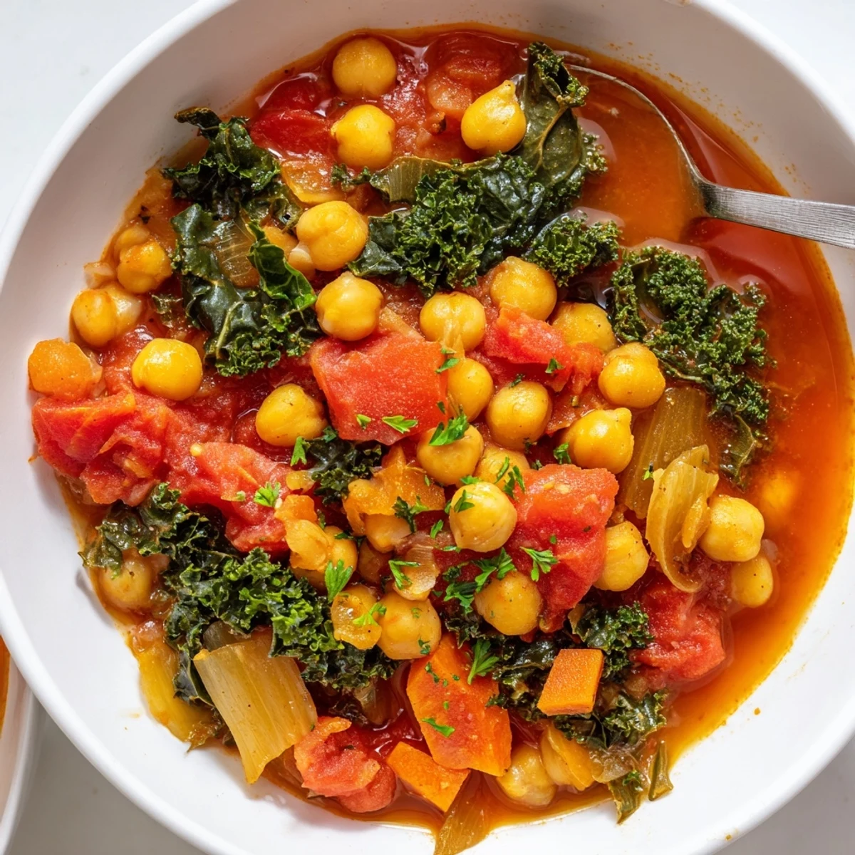 Bowl of Smoky Chickpea and Tomato Hearty Soup served with crusty bread  