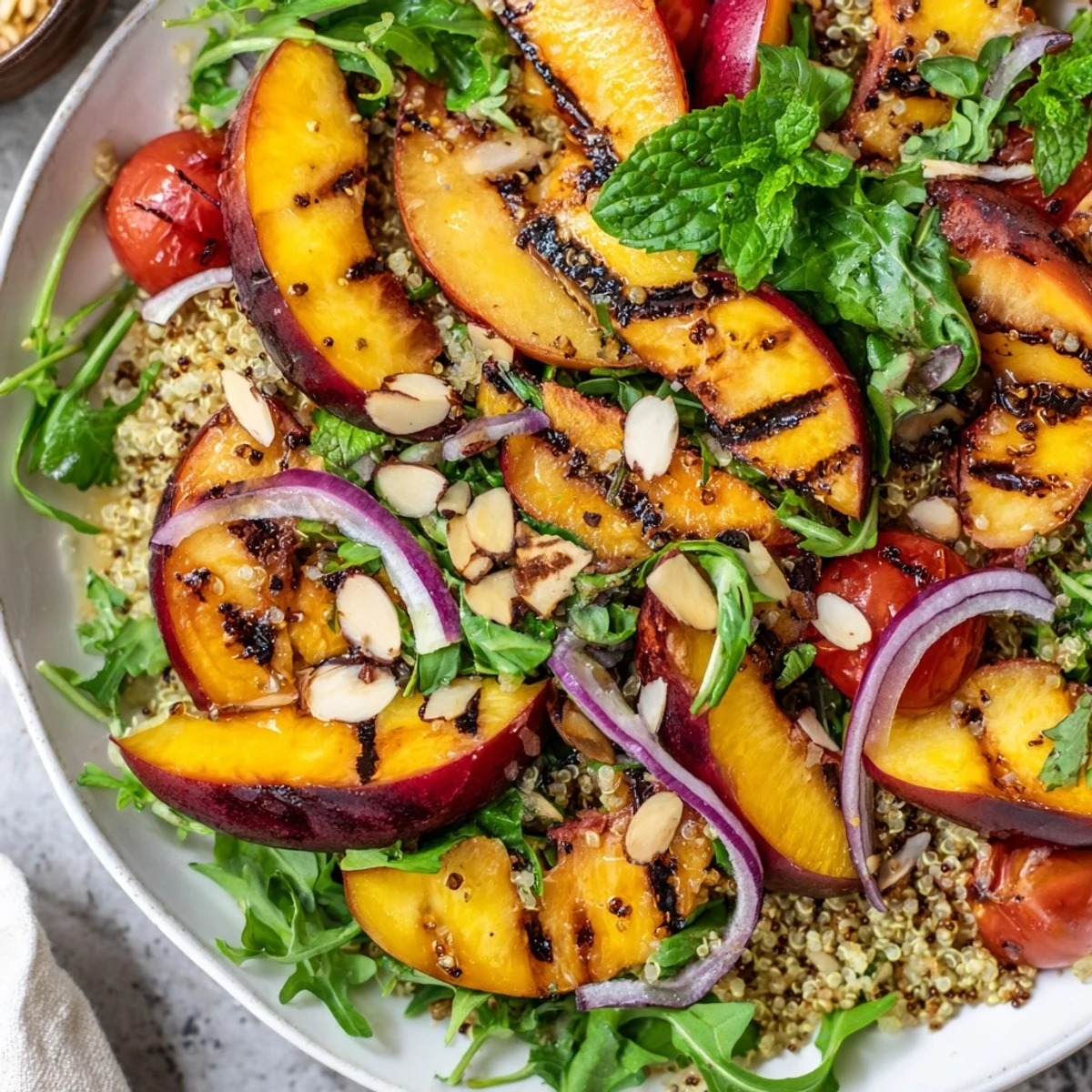 Grilled Nectarine Basil Quinoa Grain Salad served warm with charred nectarine sweetness