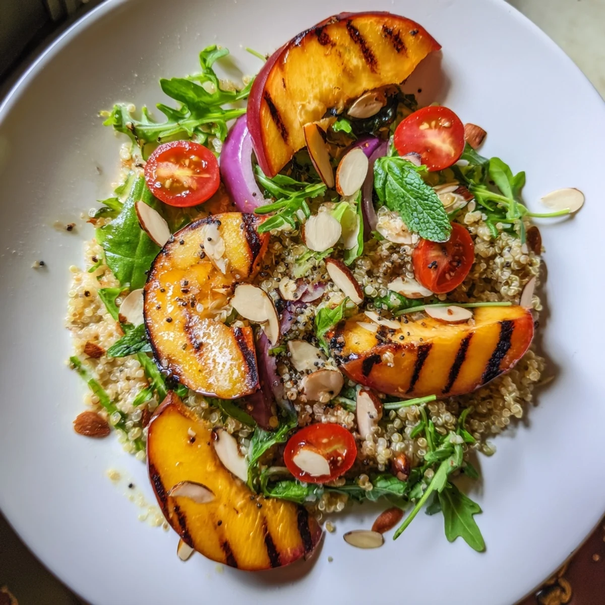 Colorful Grilled Nectarine Basil Quinoa Grain Salad tossed in lemon honey vinaigrette
