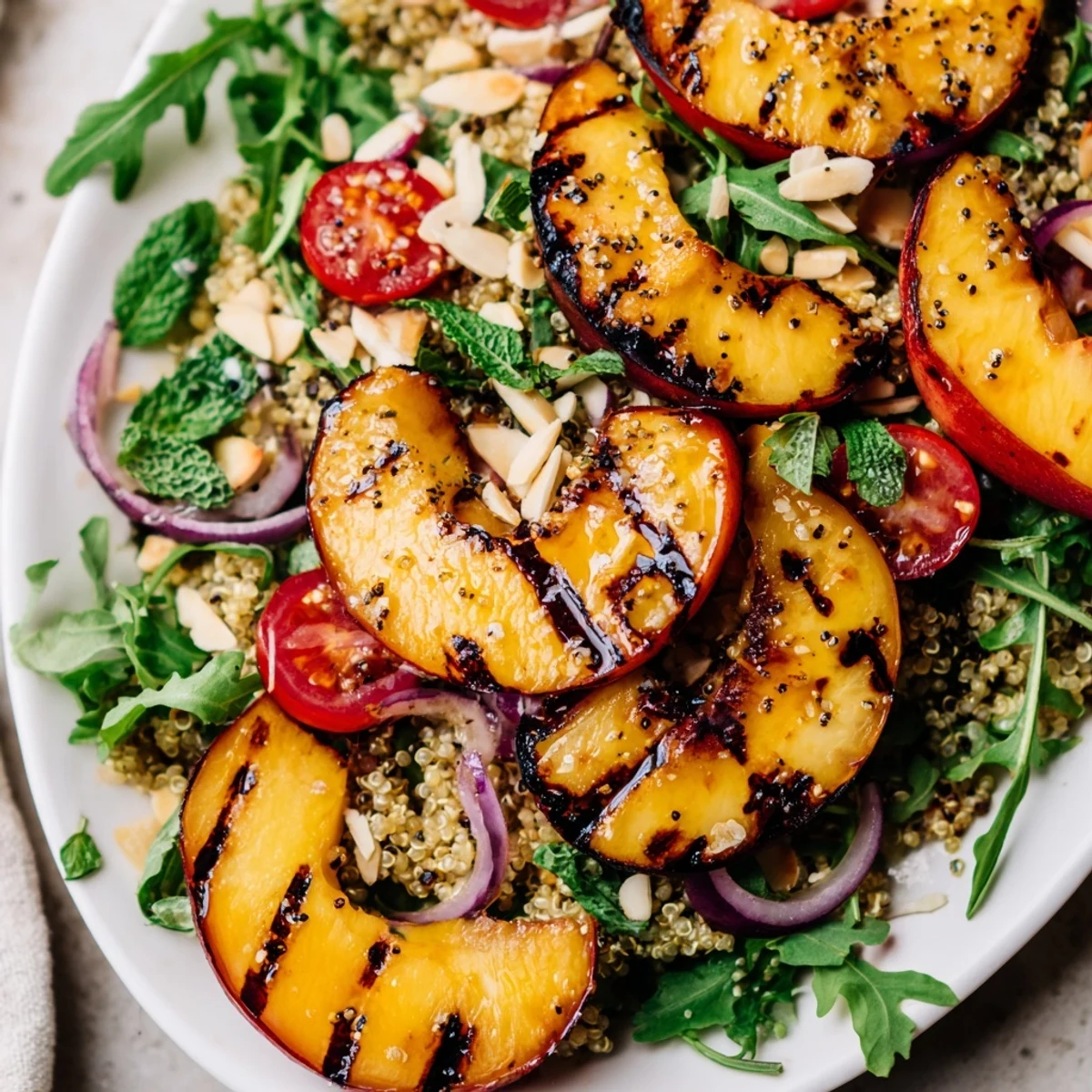 Bowl of Grilled Nectarine Basil Quinoa Grain Salad garnished with toasted almonds