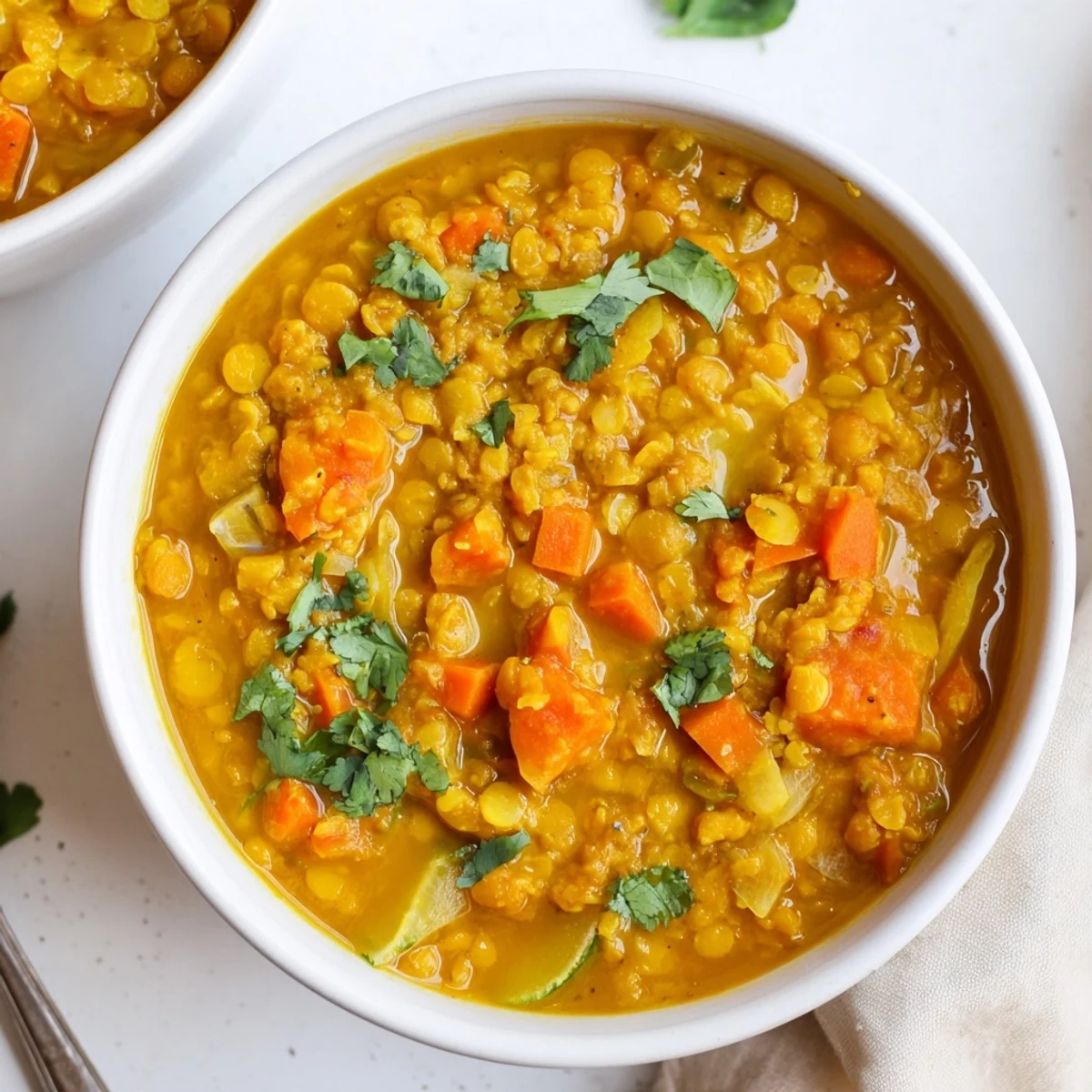 Creamy Spiced Coconut Tomato Yellow Lentil Hearty Soup steaming, fragrant with garam masala