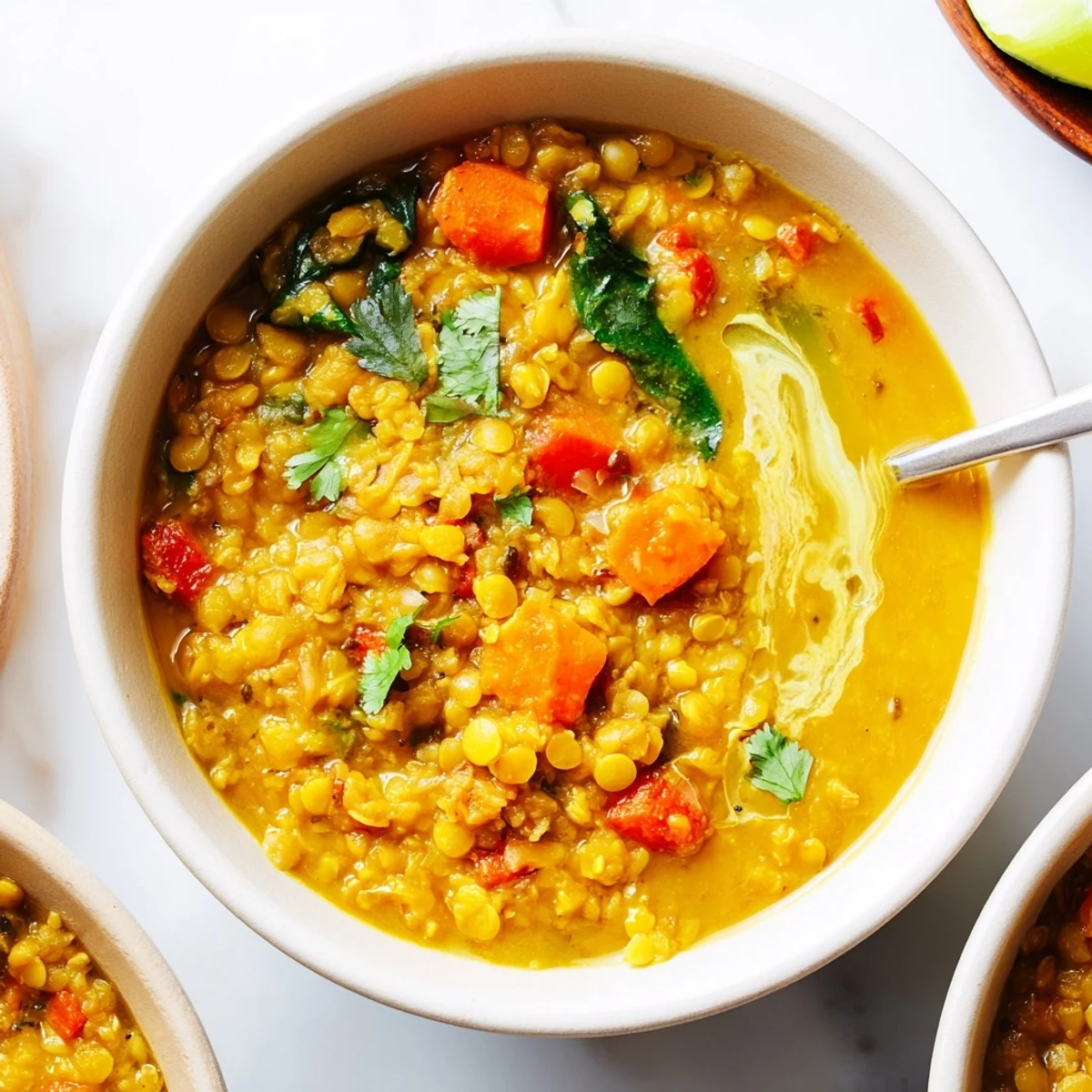 Silky, bright Spiced Coconut Tomato Yellow Lentil Hearty Soup served with crusty bread