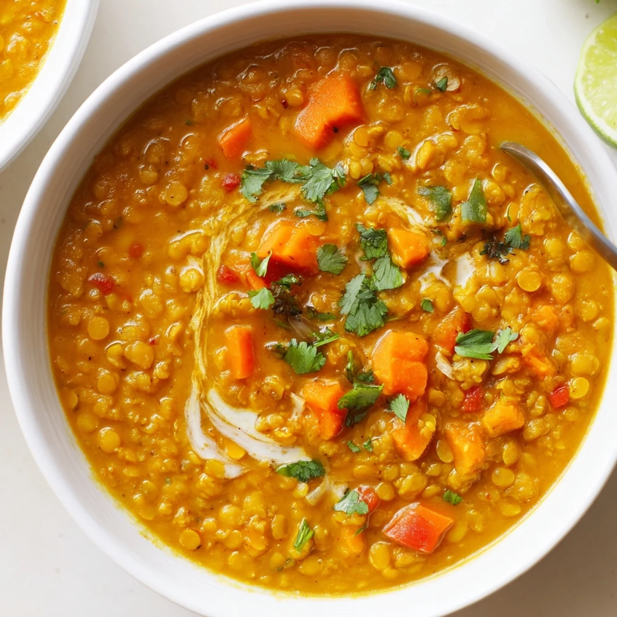 Bowl of Spiced Coconut Tomato Yellow Lentil Hearty Soup topped with cilantro