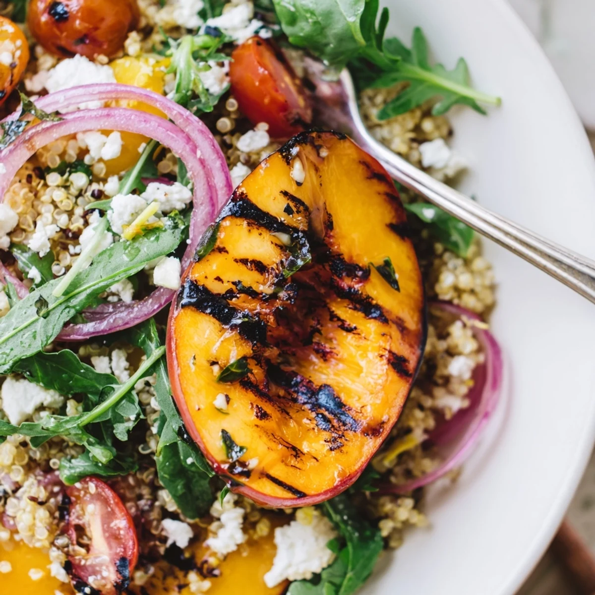 Summer Grilled Peach Basil Quinoa Grain Salad served chilled for picnics and barbecues.