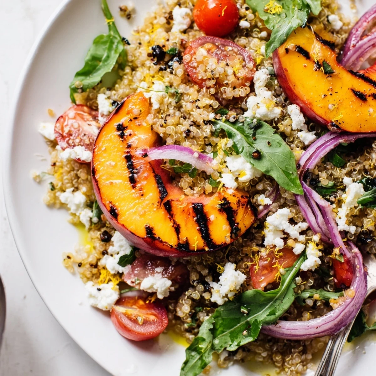 Bright Grilled Peach Basil Quinoa Grain Salad tossed with arugula, feta, warm quinoa.
