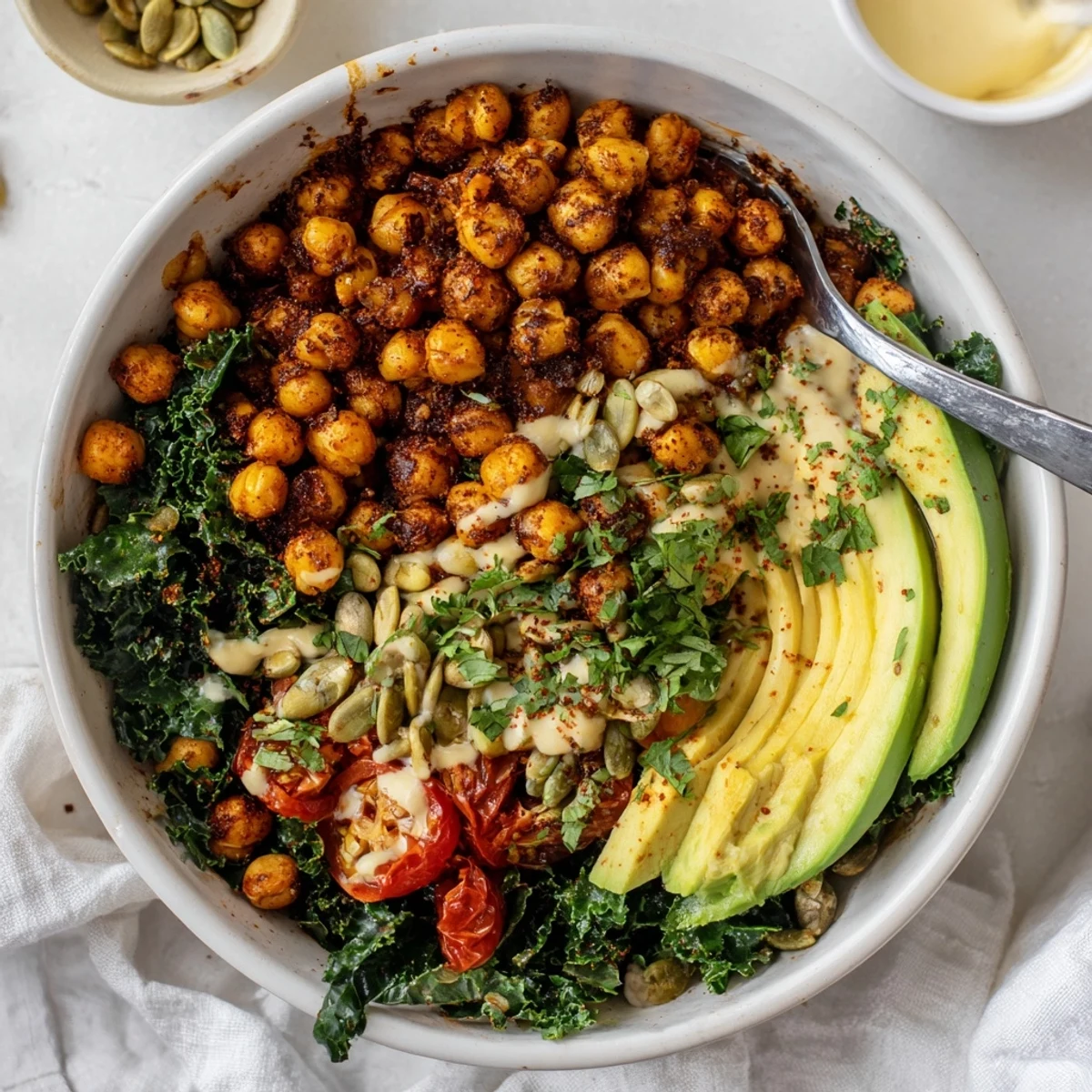 Savory Lemon Garlic Chickpea and Kale Breakfast Bowl steaming with crispy chickpeas.