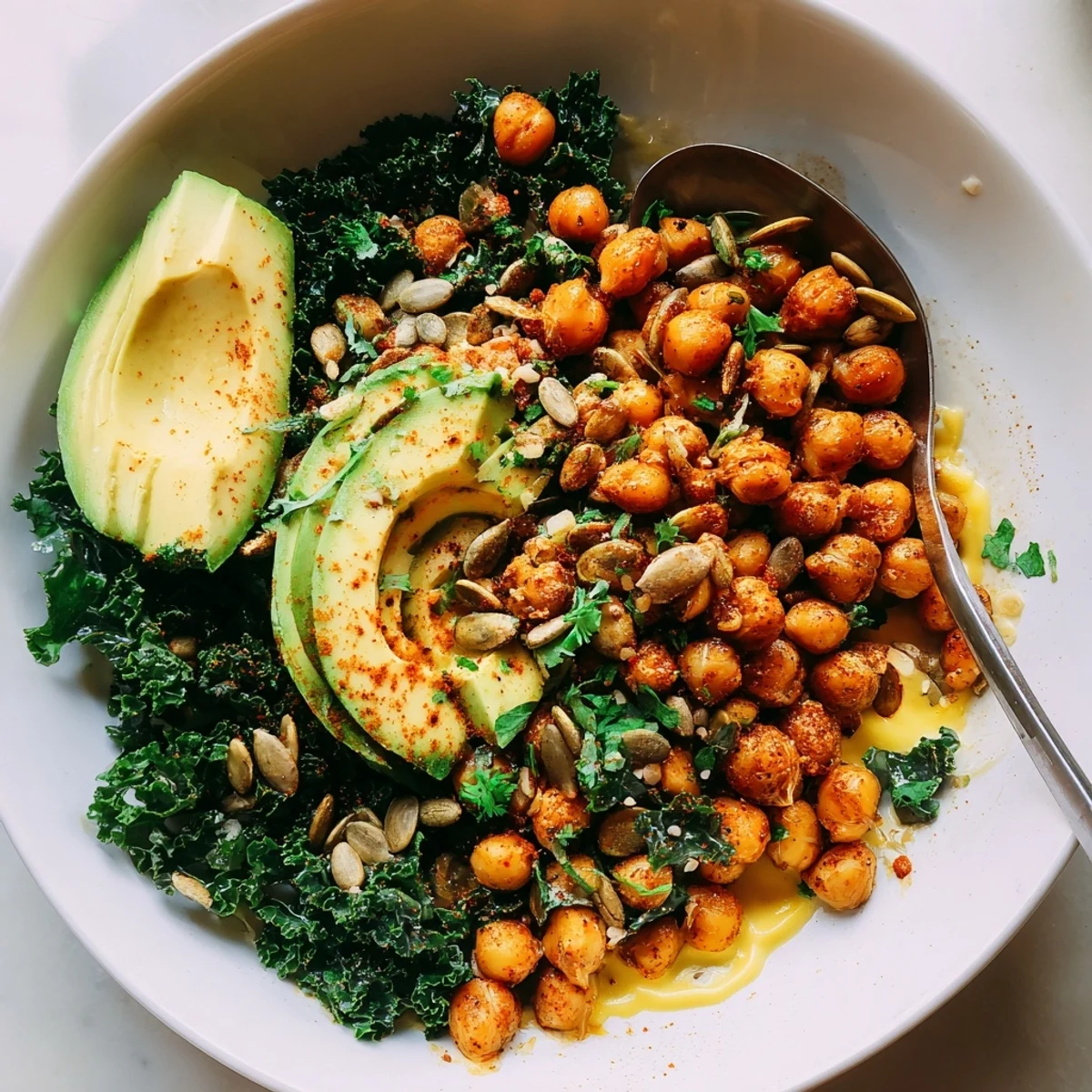 Zesty morning bowl, Savory Lemon Garlic Chickpea and Kale Breakfast Bowl topped with avocado.