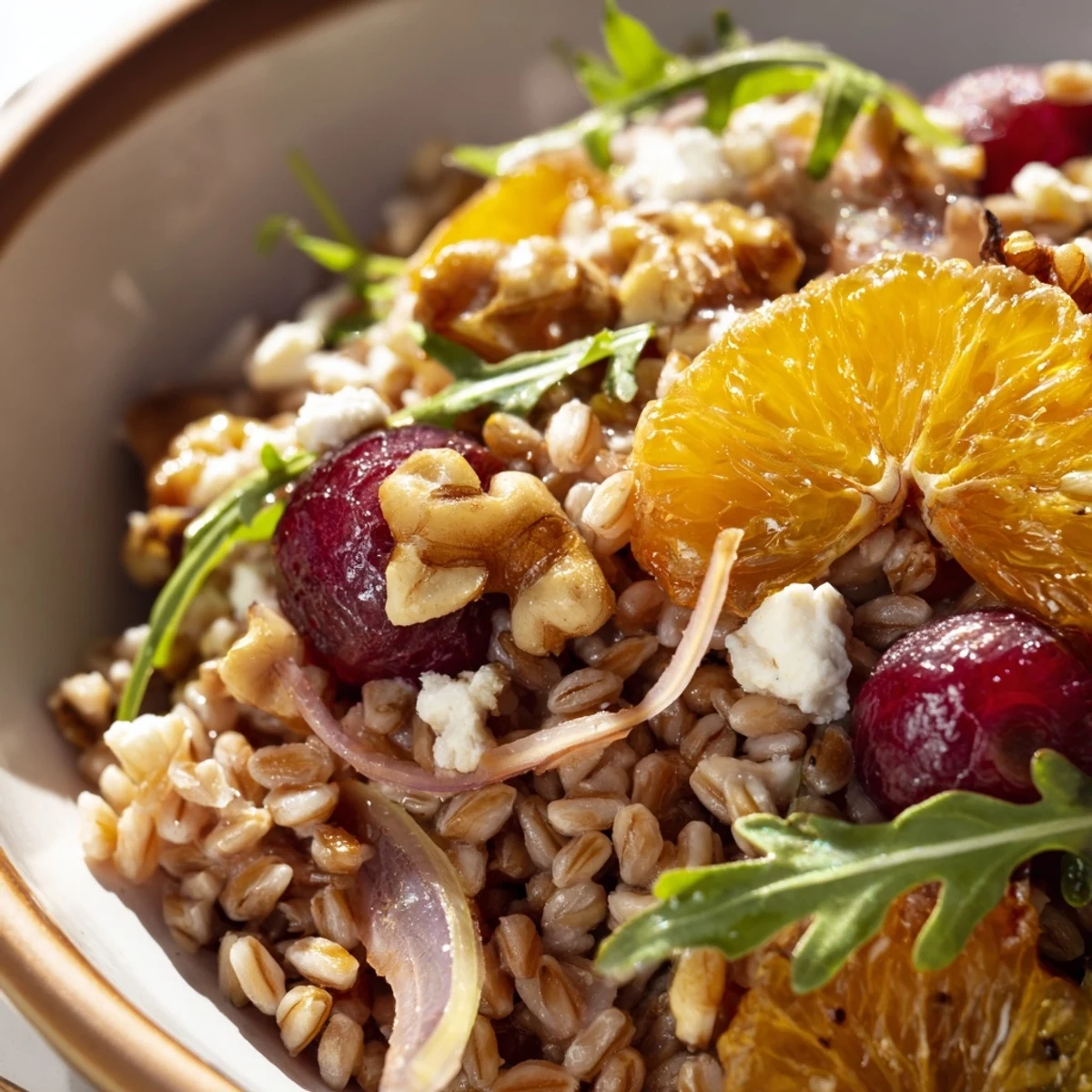 Roasted Grape Orange Farro Grain Salad with caramelized grapes, juicy orange, nutty farro