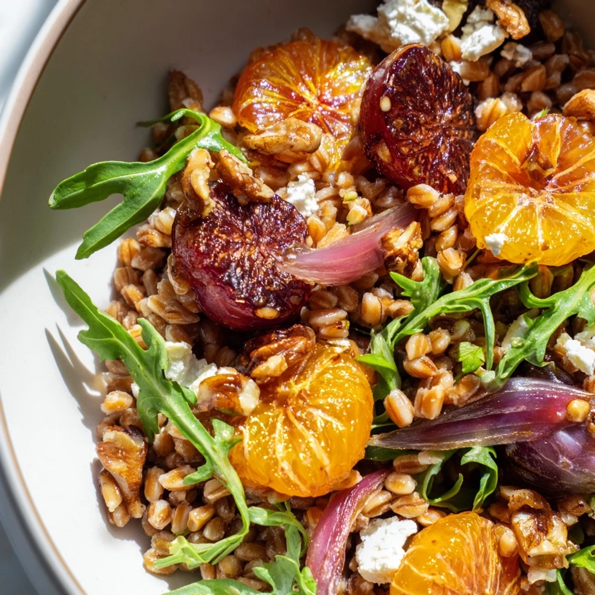 Roasted Grape Orange Farro Grain Salad plated with feta, toasted walnuts, peppery arugula