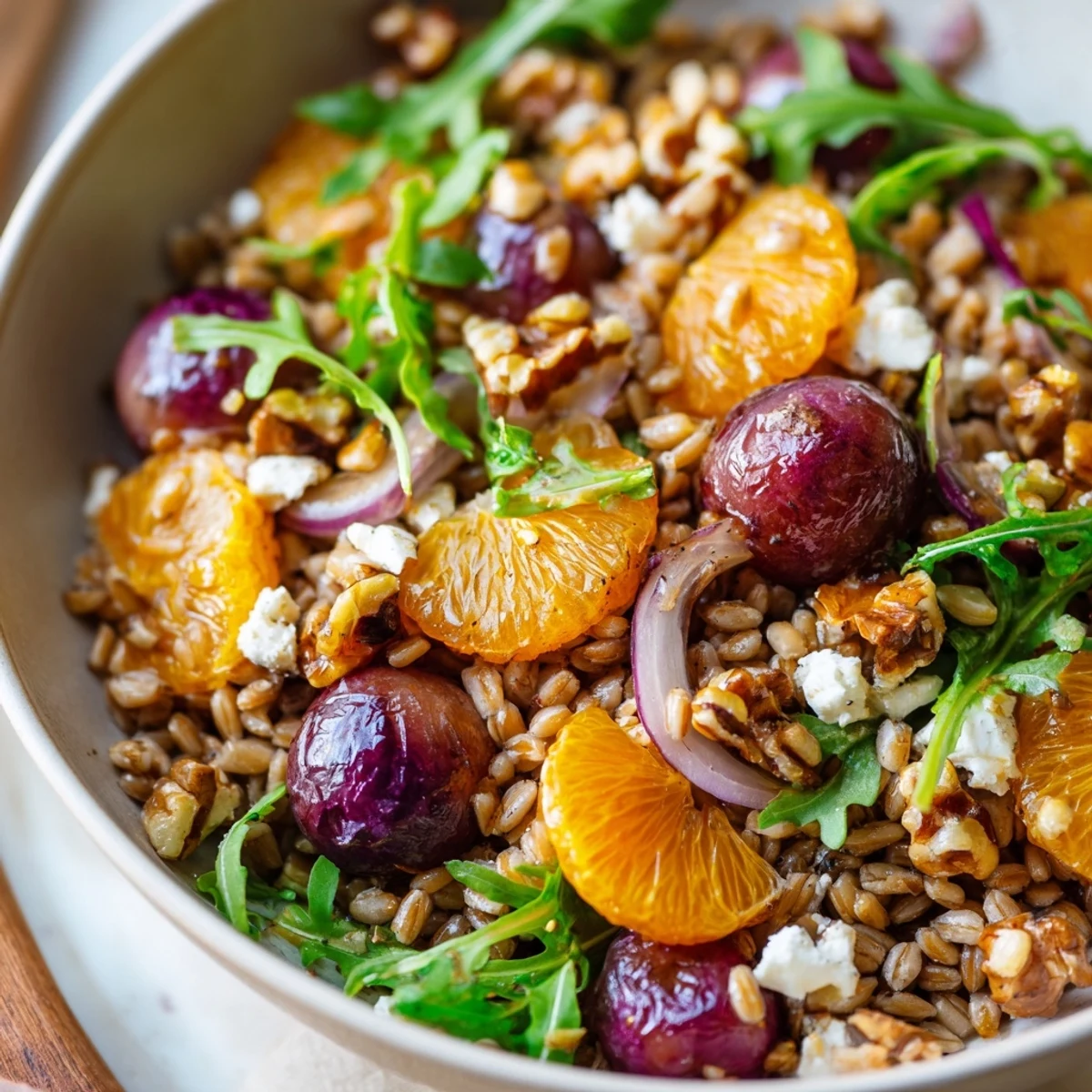 Warm Roasted Grape Orange Farro Grain Salad tossed with tangy citrus vinaigrette