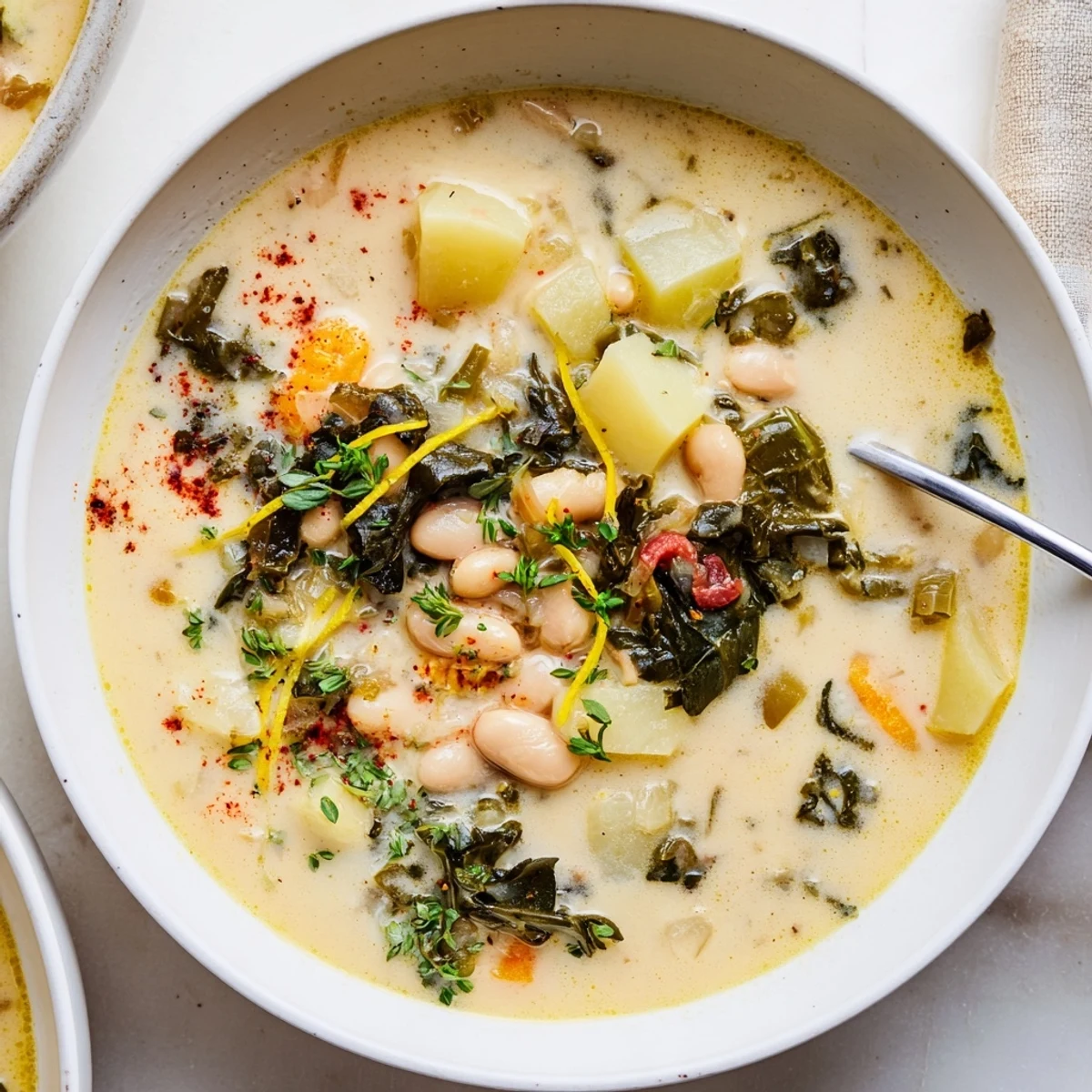 Creamy Roasted Turnip Greens and White Bean Hearty Soup drizzled with olive oil
