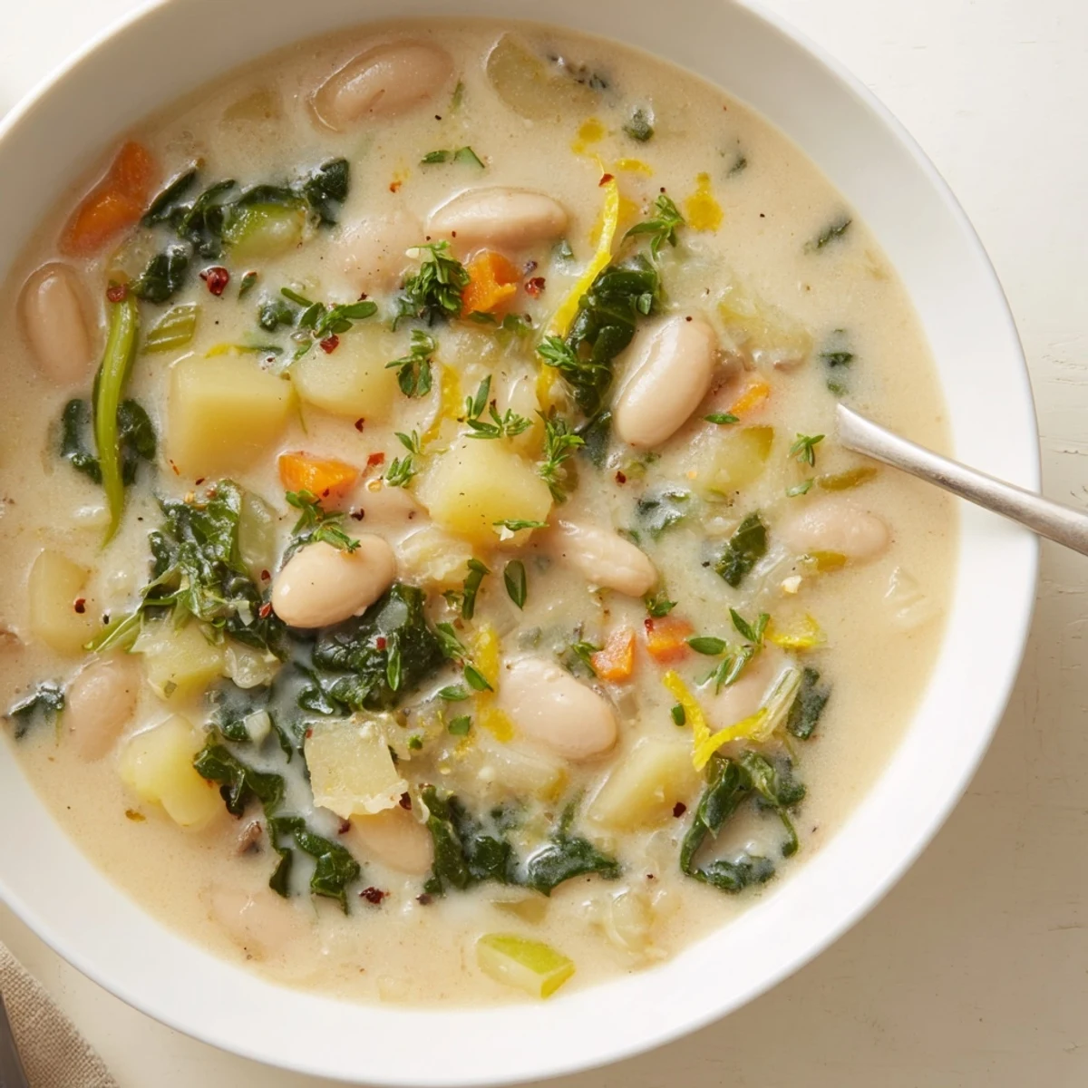 Steaming bowl of Creamy Roasted Turnip Greens and White Bean Hearty Soup, velvety