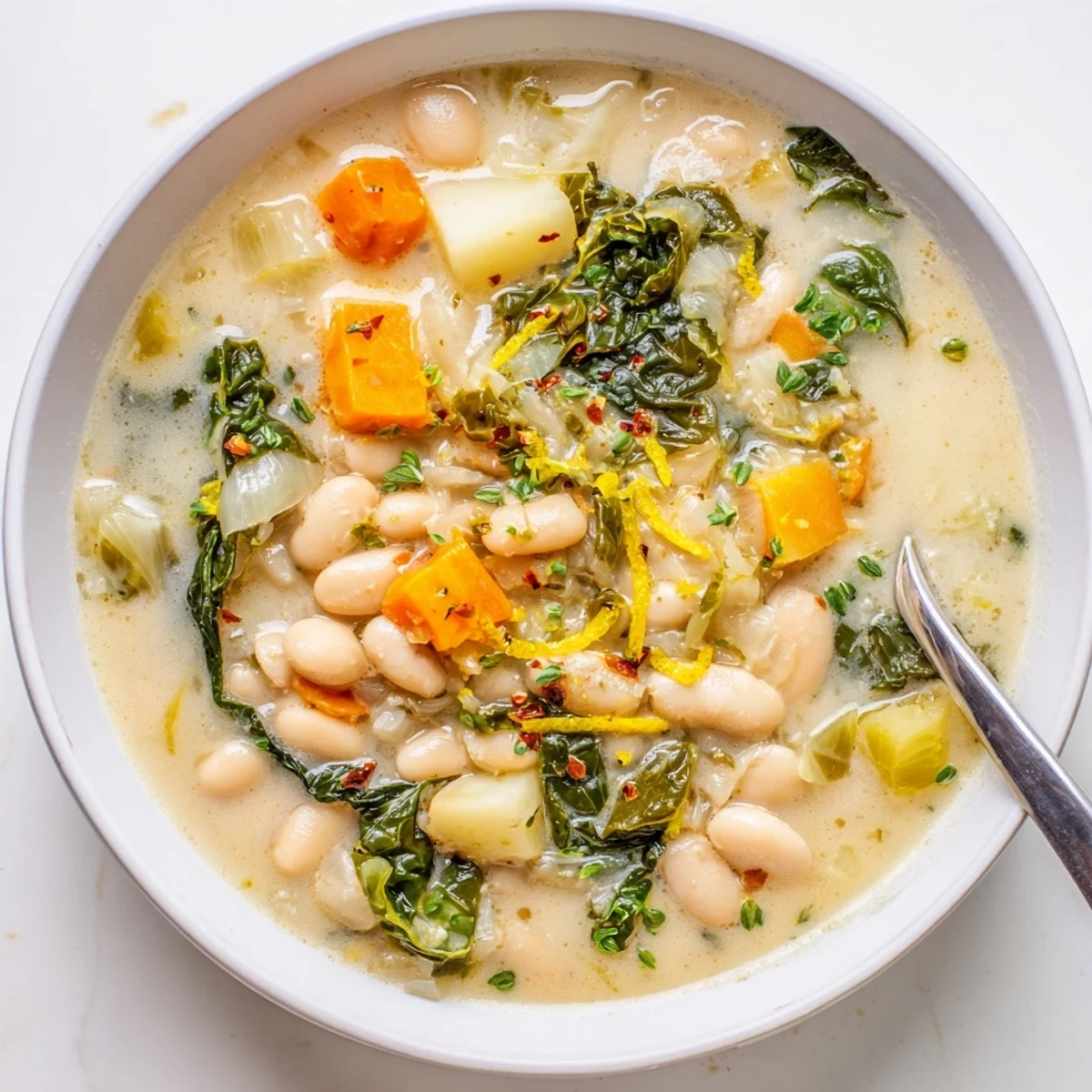 A warming spoonful of Creamy Roasted Turnip Greens and White Bean Hearty Soup