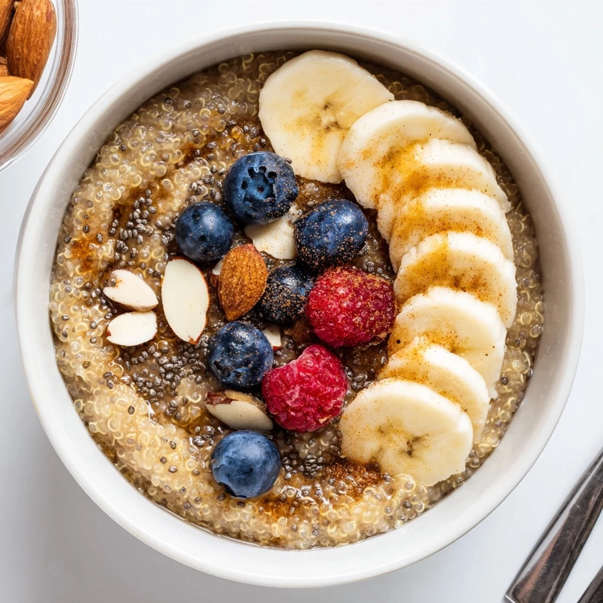 Creamy Vanilla Cinnamon Quinoa Porridge Breakfast Bowl topped with sliced banana  